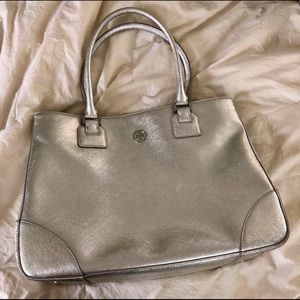 Tory Burch Silver Metallic Tote Handbag